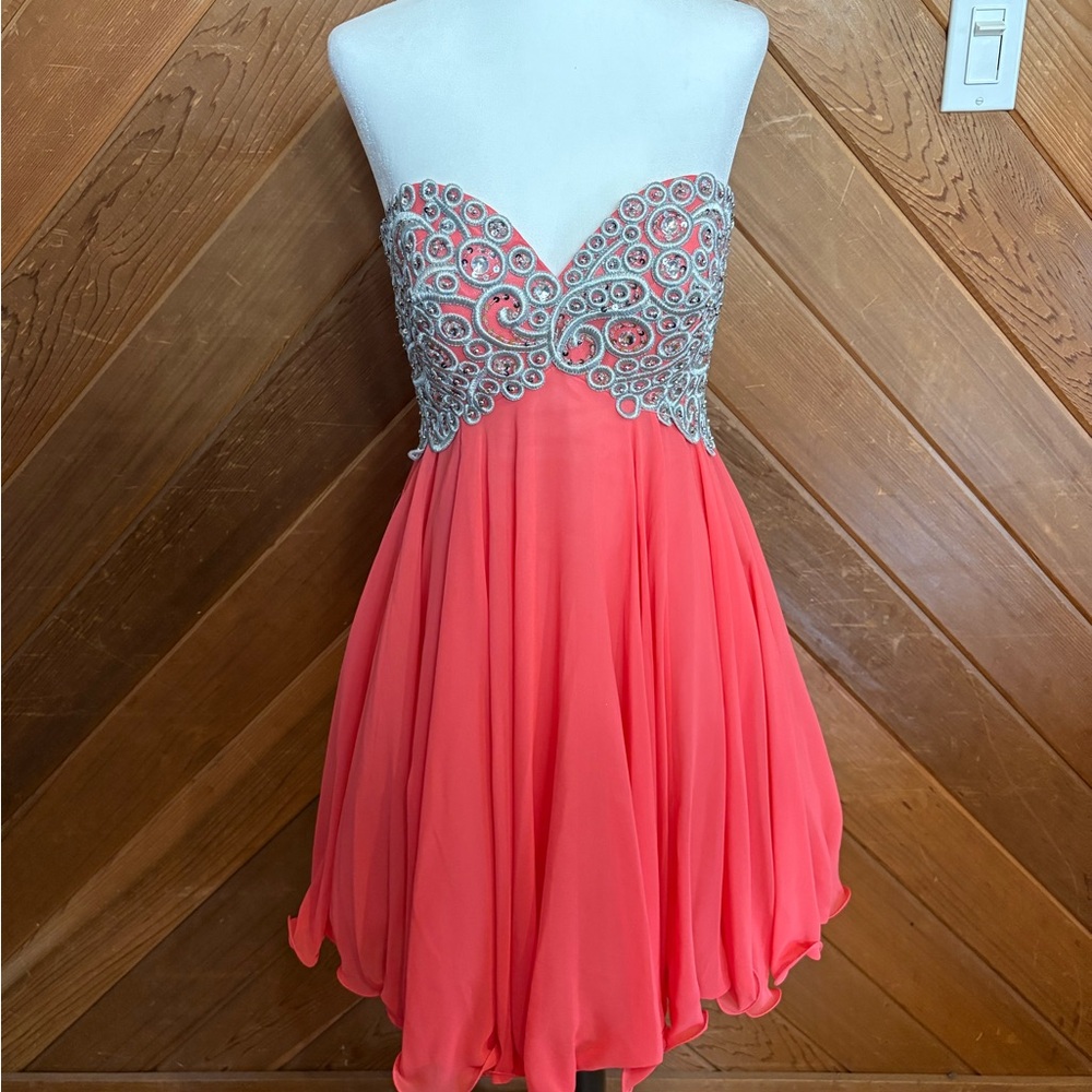 Coral Strapless Grade 8 Grad/Semi Formal Dress with Silver Embellishments